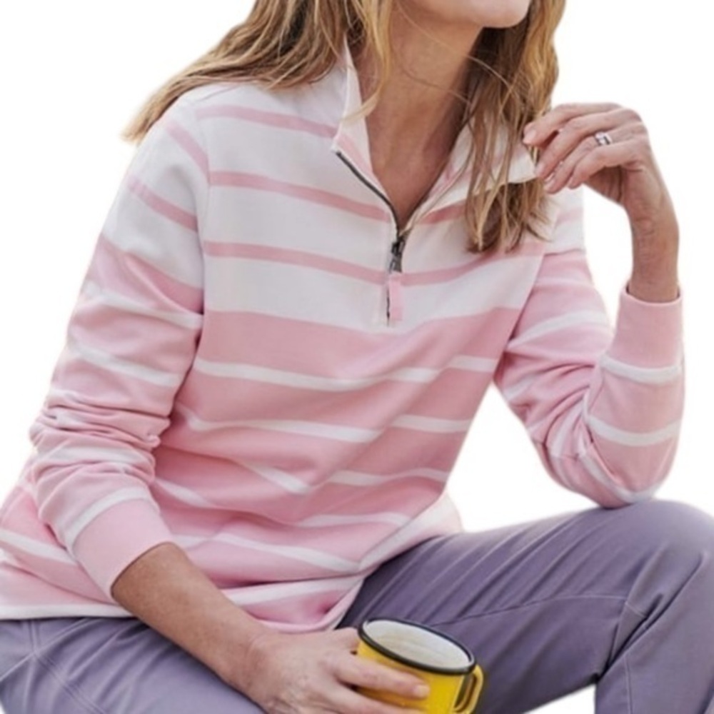 Woolovers‎ Organic Cotton Pink White Stripe Half Zip Sweatshirt